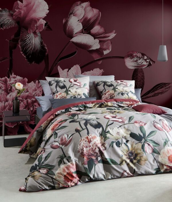 Fleuresse Mako-Satin Bettwäsche 155x220 Blüten Blätter Wende grau rot 114383-4 EAN:4043202649772