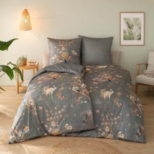 Estella Mako Jersey Bettwäsche 155x220 Kim grau Pfau Vögel Rosen Wende 6355-810 EAN:4053912488097