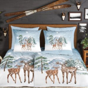 Good Morning Flanell Bettwäsche 135x200 Winter Hirsch Schnee Wende blau 30516 EAN:8717285213828