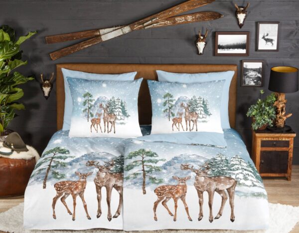 Good Morning Flanell Bettwäsche 135x200 Winter Hirsch Schnee Wende blau 30516 EAN:8717285213828