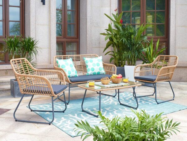 Garten Sitzgruppe 7-teilig Polyrattan Farbe natur mit Tisch und Kissen EAN:4062444018924