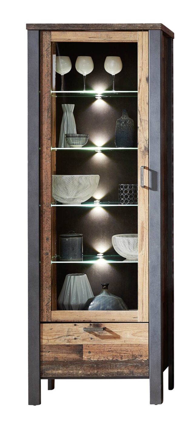 Vitrine CARDIFF 1-türig mit LED Beleuchtung - Vintage Style Mix dark EAN:4250314548491